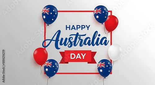 Festive graphic design wishing everyone a happy australia day celebration featuring patriotic balloons and bold typography elements against a clean backdrop