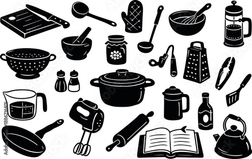 Kitchen Utensils and Cookware Vector Set with Frying Pan, Cutting Board, Grater and Wok Isolated on Transparent Background
