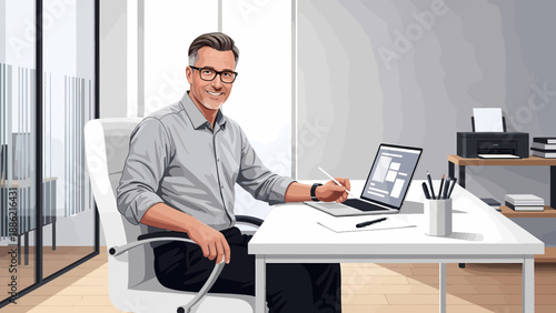 Confident Businessman Working on Laptop in Modern Office