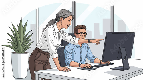 Businesswoman Guiding Colleague on Computer in Modern Office Setting