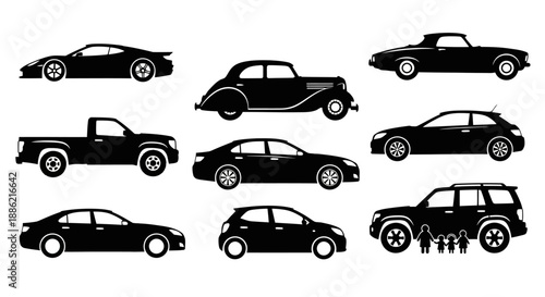 Collection of Diverse Black Car Silhouettes Isolated on White Background.