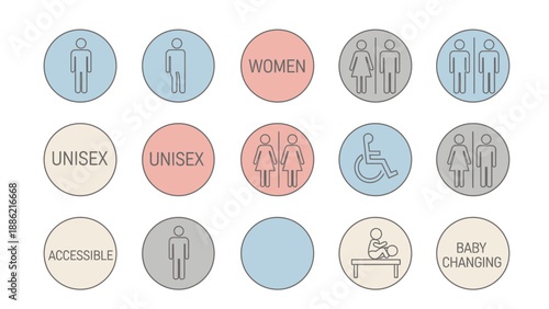 Collection of restroom and accessibility icons in circles.