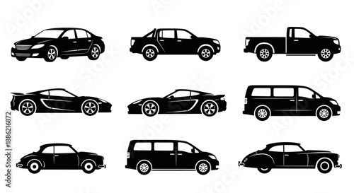 Collection of Black Car Silhouettes Various Models.
