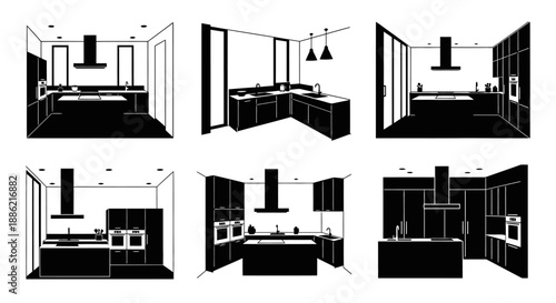 Modern Kitchen Interior Design Silhouettes Set.