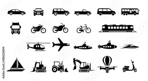 Collection of diverse transportation vehicle icons silhouette.