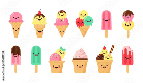 Cute cartoon multicolored ice cream vector icons set isolated on transparent background