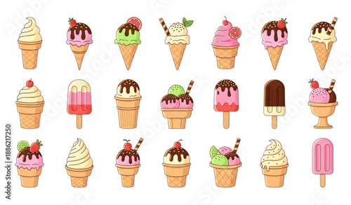 Multicolored ice cream icons vector set with cones cups and popsicles isolated on transparent background