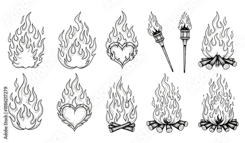 Hand drawn fire flame contour vector illustration set in black outline isolated on transparent background
