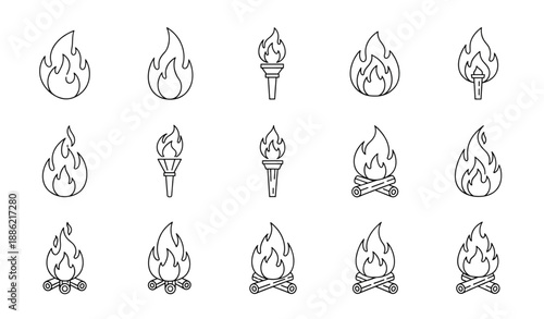 Minimal fire flame outline icons in monochrome linear vector style isolated on transparent background
