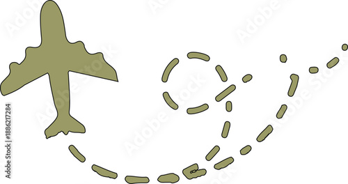 Certainly! The image shows an airplane with a dotted line trailing behind it. This dotted line likely represents the flight path or the route the airplane is taking. It suggests movement and direction