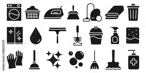 Set of household cleaning and laundry service icons, flat vector icons. Housekeeping chores, sanitation and hygiene equipment symbols