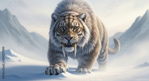 Saber-toothed tiger walking through snowy mountain landscape, prehistoric feline predator, ice age animal, digital painting