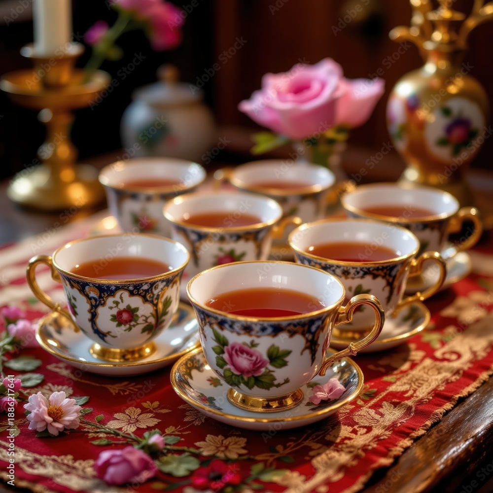 Fototapeta premium Elegant Antique Tea Cups on a Floral Altar: A Moment of Serene Indulgence with Porcelain Perfection.