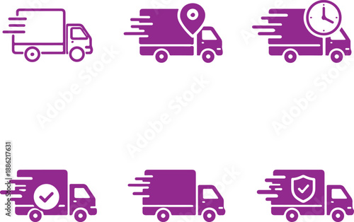 Fast delivery truck icons set representing shipping, tracking, punctuality, and secure logistics services isolated on white background, Vector, illustration