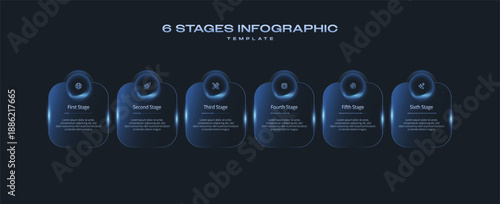 Dark Tech Infographic Template with Icons and Gradient Diagram, 6 Step Vector Workflow Layout for Presentations, Banners, Flowcharts, Business Reports, UI Design Assets, Modern Digital Style Pack Pro