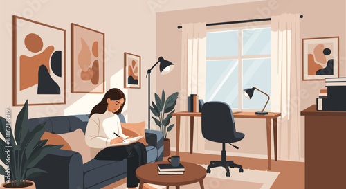 Woman working remotely from home on a laptop, focused on her tasks.