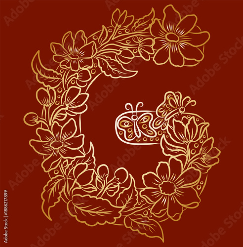 Floral alphabet letter A-Z hand drawn Illustration, Decorative botanical typography for coloring Pages and creative design.Set of flower alphabet.Line art and doodle for t-shirt.Elements with flower.