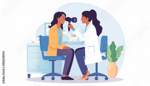 Audiology Healthcare Vector Illustration Doctor Examining Ear with Otoscope