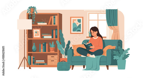 Young woman engrossed in reading a book on a comfortable sofa.