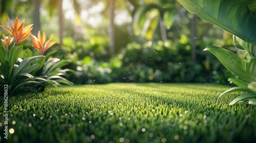 Pristine emerald green lawn with perfect manicured grass blades stretching across foreground, negative space ideal for text placement, lush tropical garden background featuring exotic palm varieties,