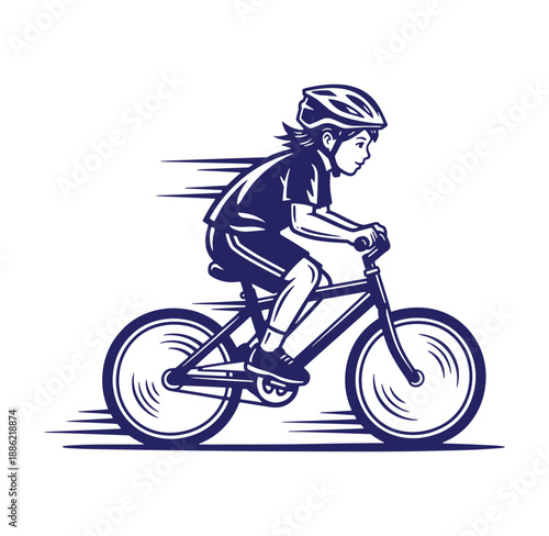 Boy in helmet riding bicycle quickly in profile view illustration isolated on white