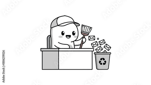Cute character sweeping emails into recycle bin. Email management, inbox cleaning, digital decluttering, spam removal concept.
