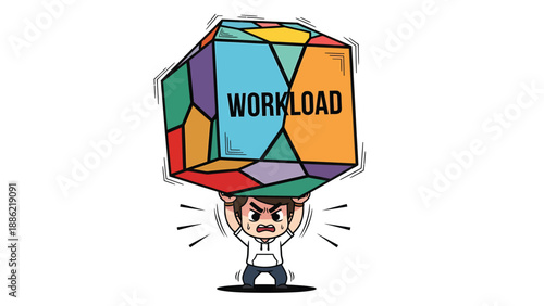 Heavy Workload Burden: Stressed Character Lifting Massive Colorful Cube