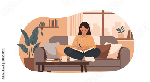 Young woman enjoying a quiet moment reading a book at home.