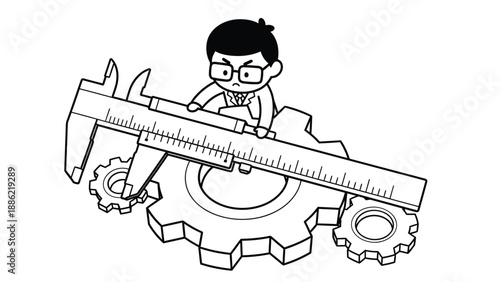 Precision engineering concept with cartoon character measuring industrial gear using a large caliper