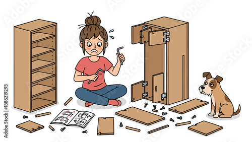 Stressed woman struggling to assemble flat-pack furniture with instruction manual, watched by her dog. DIY challenge.
