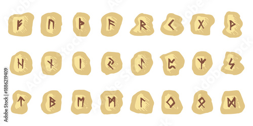Set of hand drawn viking runes Rune stones with ancient norse alphabet characters engraved on them Scandinavian futhark germanic celtic Single element for design, print, web, decor