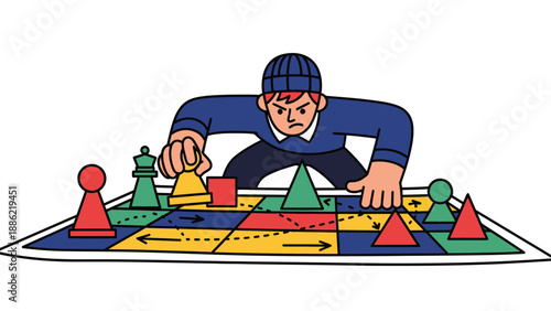 Focused player moving a pawn on a colorful board game, illustrating strategy and competition