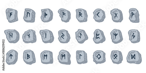 Set of hand drawn viking runes Rune stones with ancient norse alphabet characters engraved on them Scandinavian futhark germanic celtic Single element for design, print, web, decor