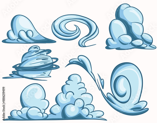 Stylized Blue Clouds and Steam Set - Cartoon Vector Illustration of Smoke Swirls and Vapor