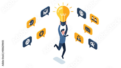 Businessman holding glowing lightbulb, symbolizing innovation, new idea, and creative business solution surrounded by concept icons.