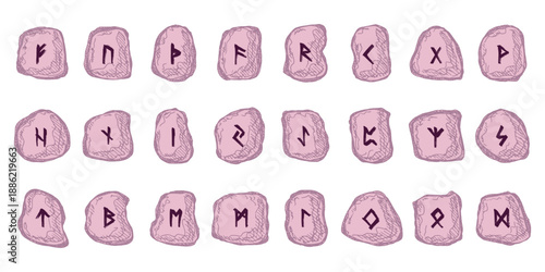 Set of hand drawn viking runes Rune stones with ancient norse alphabet characters engraved on them Scandinavian futhark germanic celtic Single element for design, print, web, decor