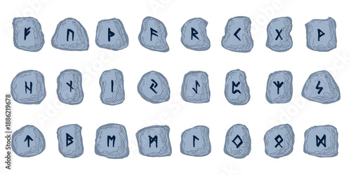 Set of hand drawn viking runes Rune stones with ancient norse alphabet characters engraved on them Scandinavian futhark germanic celtic Single element for design, print, web, decor