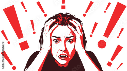 Panic and Stress: Overwhelmed Person Gripping Head with Red Exclamation Marks. Anxiety and Urgent Warning Concept.