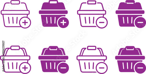 Shopping basket and cart icons with add and remove options in outline and solid styles isolated on white background, Vector, illustration
