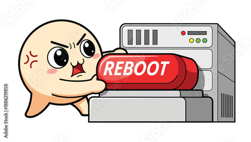 Cartoon character angrily pushing 'REBOOT' button on server, illustrating system restart, tech troubleshooting, or computer fix.