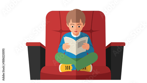 Boy reading a book while sitting cross-legged on a red armchair. Child education and leisure concept. Flat vector illustration.