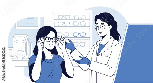 Optometrist helping a patient select eyeglasses at an optical shop with shelves of eyewear in the background, demonstrating vision care and eye health services