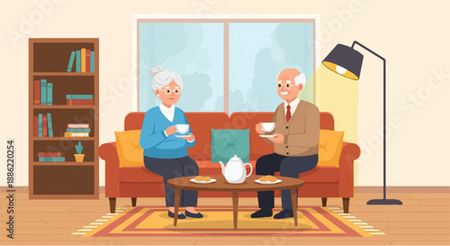 Elderly couple enjoying a peaceful afternoon tea together in their cozy living room, sharing stories and creating warm memories in their golden years