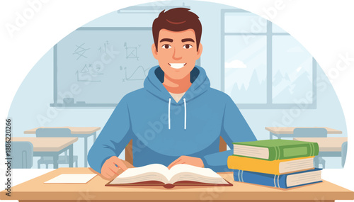 A smiling young man in a blue hoodie sits at a desk with an open book and a stack of books, in a classroom setting