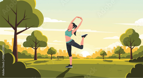 Fit and healthy woman stretching in a park at sunrise, promoting a lifestyle of wellness and outdoor activity