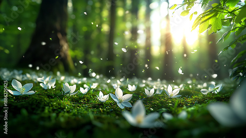 Serene forest floor adorned with delicate white flowers, illuminated by soft sunlight filtering through trees, creates tranquil atmosphere