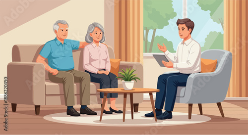 Financial Advisor Discussing Investment Options with Elderly Couple at Home