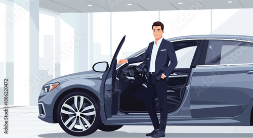 Professional car salesman proudly stands next to a new luxury vehicle with the driver's side door open