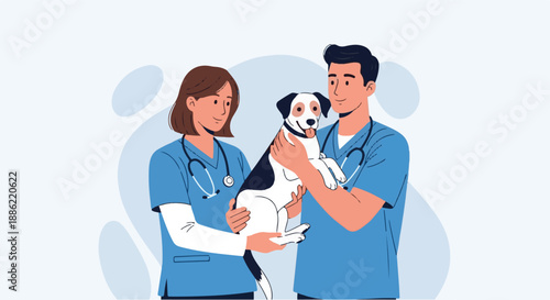 Two dedicated veterinarians, a male and a female, collaborating to provide compassionate care for a beloved pet dog, emphasizing animal health and well-being