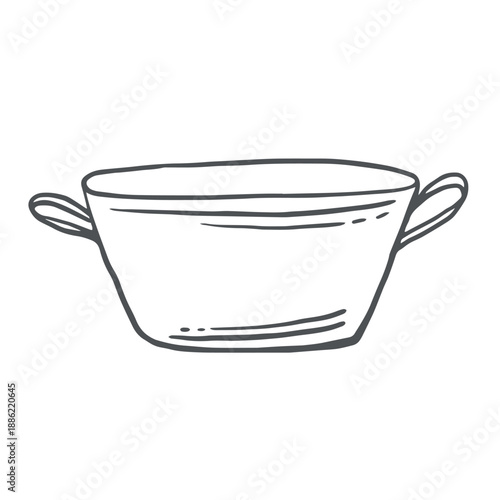 Trough with handles for wash, vector graphic illustration of garden supplies. Isolated hand drawn flowerpot gardening subject. Saucepan utensils. Black and white doodle clipart for farmhouse decor.